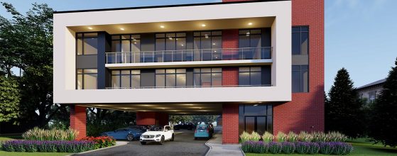 Modern three-story building with red brick and white exterior, open ground-level parking, several cars, landscaped grounds, and Lima Architects Inc. logo in the top right corner.