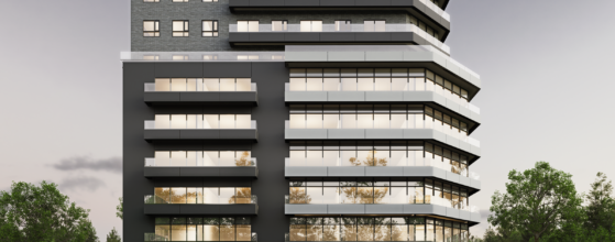 Modern multi-story commercial and residential building, designed by an acclaimed architecture firm, features large windows, ground-floor storefronts, and surrounding trees, all viewed from the front at dusk.