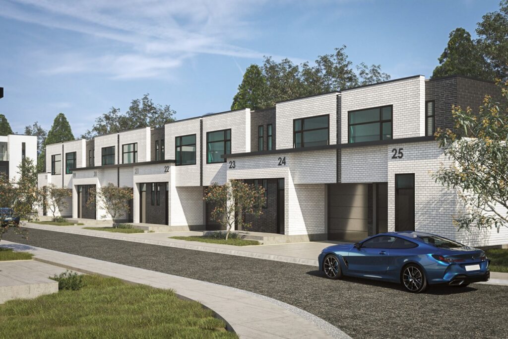Modern white townhouses with large windows and garage doors, numbered 23 to 25, line a street with a parked blue sports car in front. Trees and grass are visible around the area.
