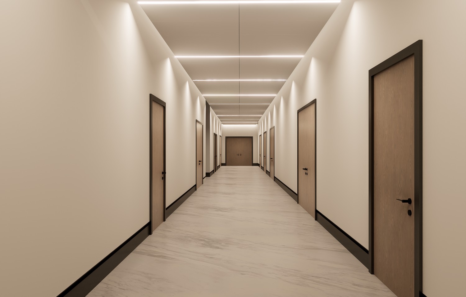 A long, well-lit hallway with closed wooden doors on both sides, white walls, and a marble-patterned floor.