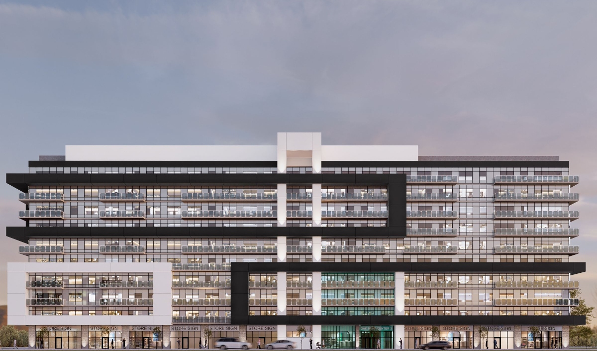 A modern, multi-story apartment building with large glass windows, black horizontal accents, and a row of shops on the ground level.