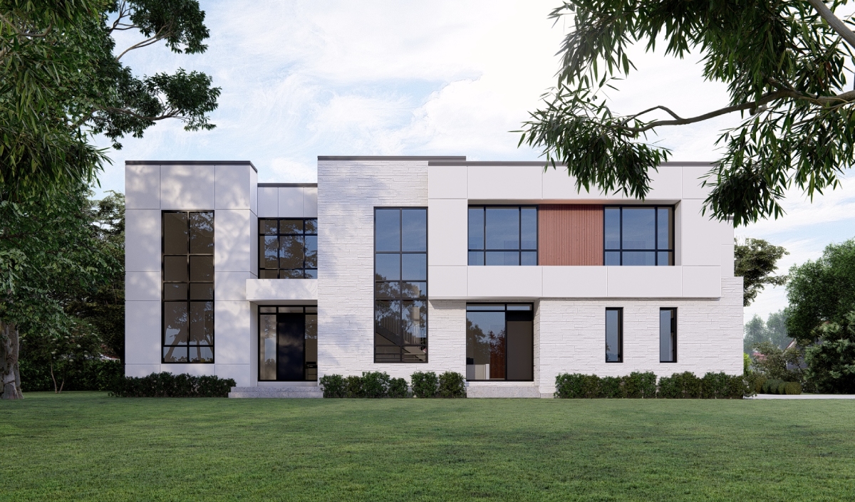 Modern two-story house with large rectangular windows, white and gray exterior walls, and a lawn in front, surrounded by trees and greenery.