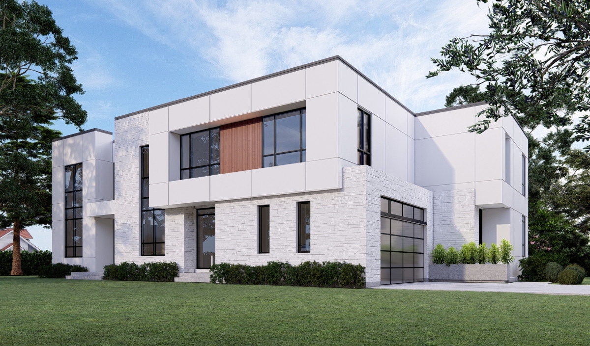 Modern two-story house with large windows, white exterior walls, and a flat roof, surrounded by trees and a well-manicured lawn.