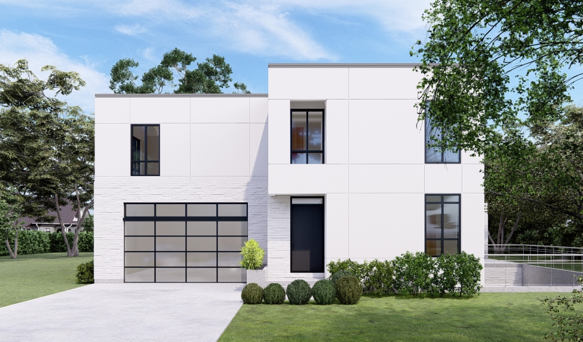 Modern two-story white house with large windows, a glass-paneled garage door, and landscaped front yard with shrubs and trees.