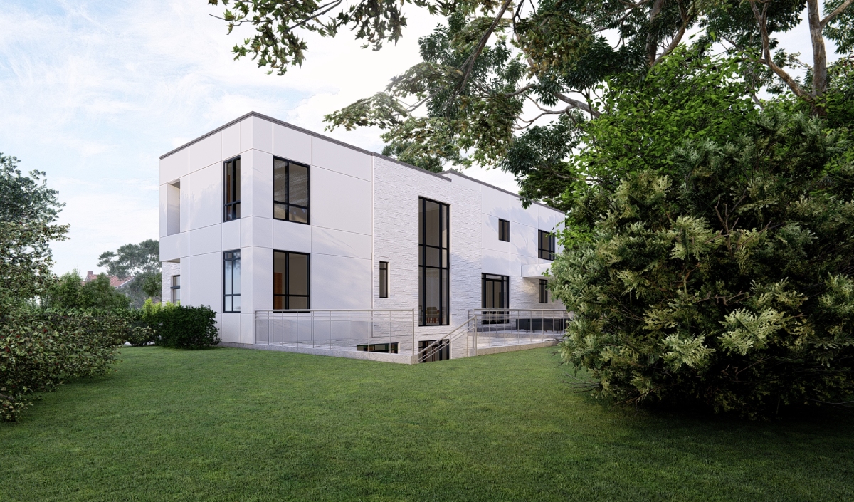 A modern two-story white house with large windows sits on a green lawn, surrounded by trees and shrubs.