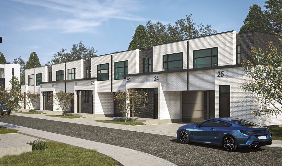 A row of modern white townhouses with large windows and garages, numbered 23 to 25, is shown with a blue sports car parked on the street in front.