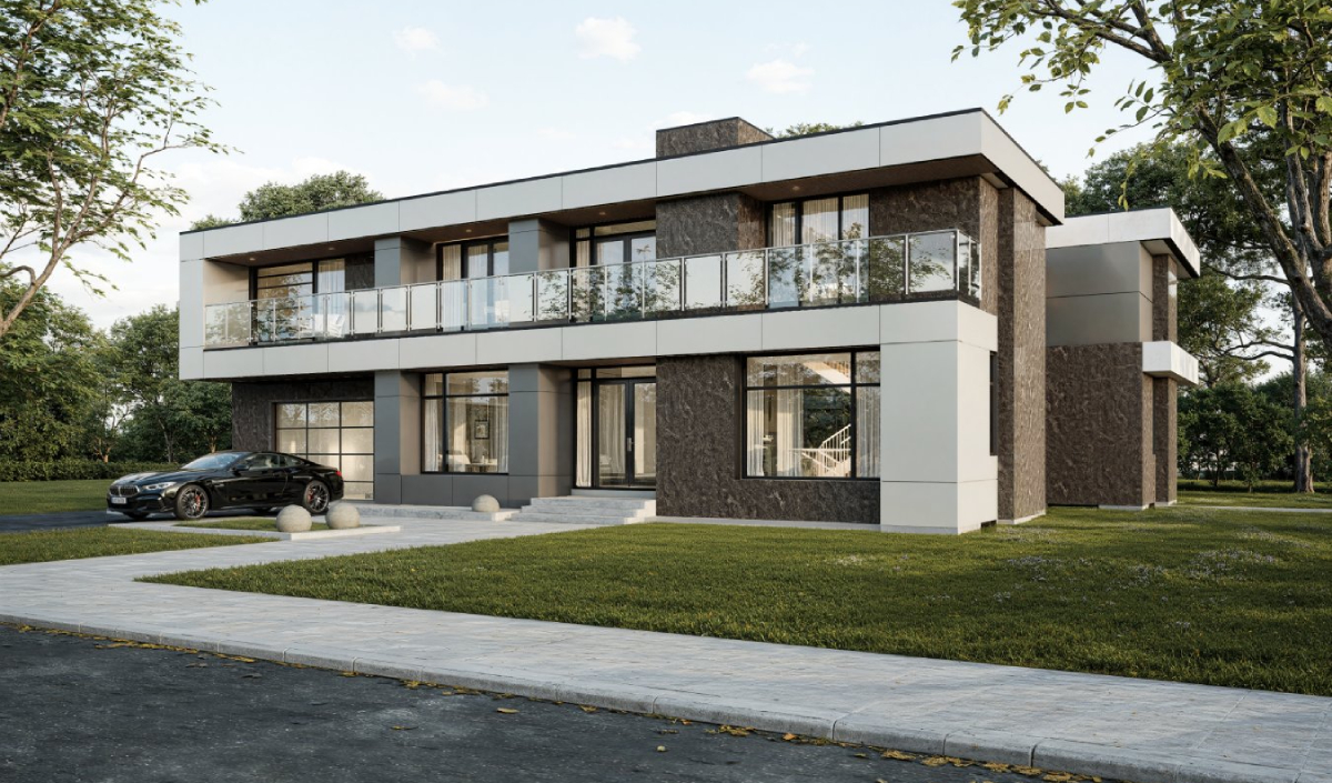 Modern two-story house with large windows, a glass balcony, and a landscaped lawn; a black car is parked in the driveway.