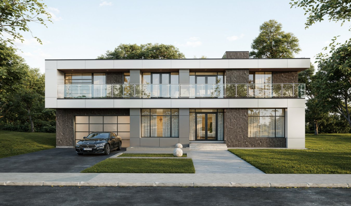 A modern two-story house with large windows, a flat roof, a balcony, and a black car parked in the driveway, surrounded by green lawns and trees.