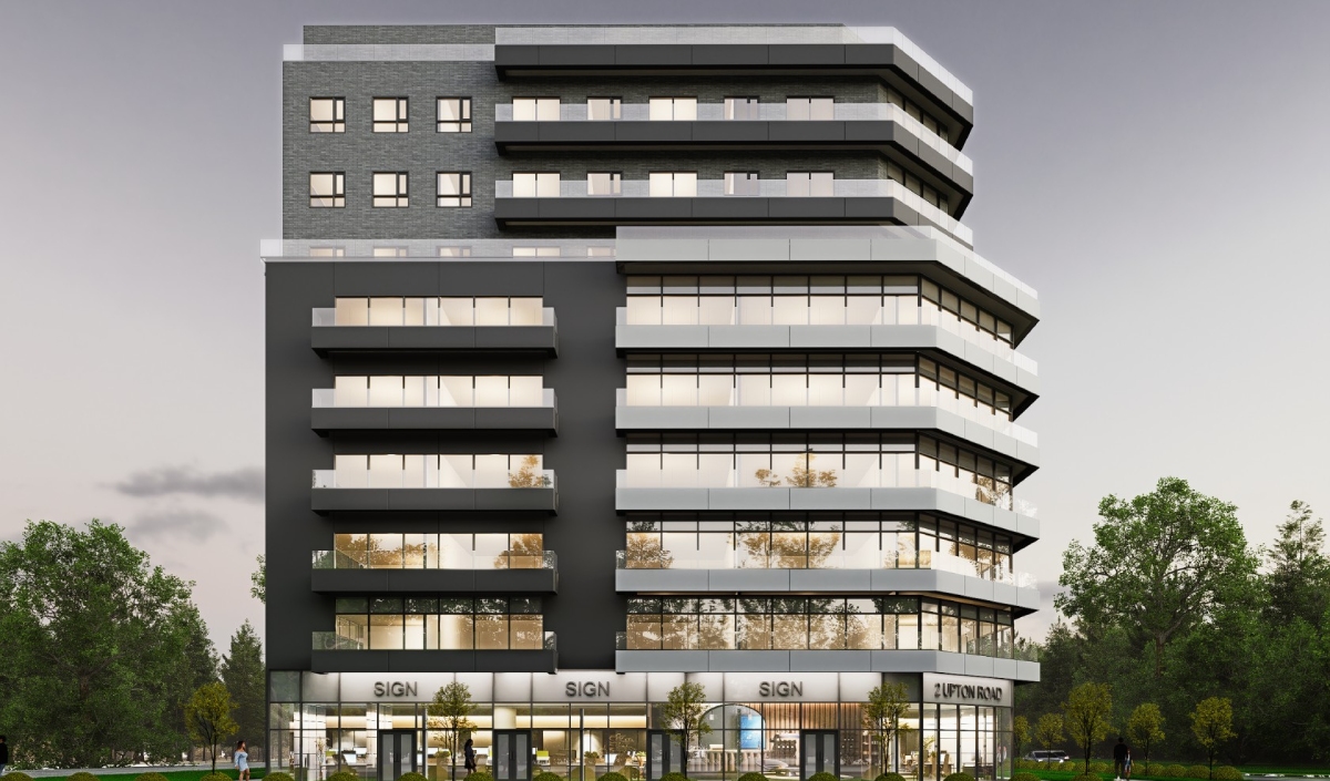 Modern multi-story building with large glass windows and balconies, shops on the ground floor, and trees surrounding the structure.