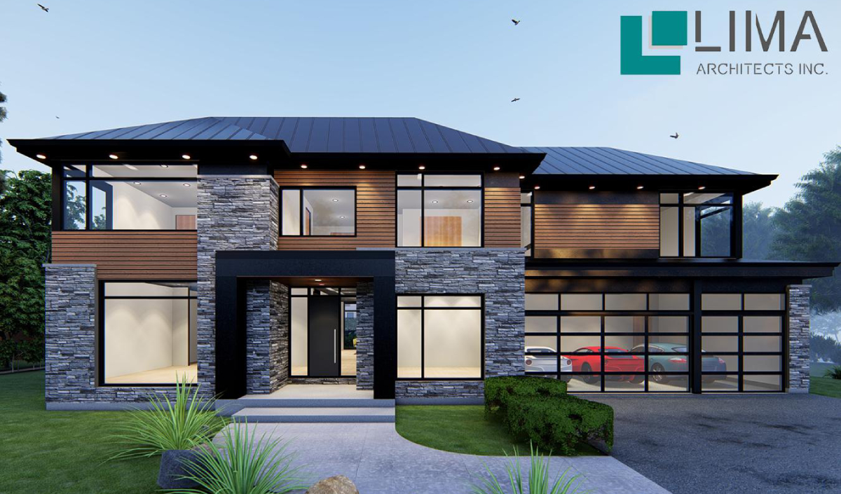 Modern two-story house with stone and wood exterior, large windows, and a glass garage. Lush landscaping surrounds the entrance. "LIMA Architects Inc." logo in the top right corner.