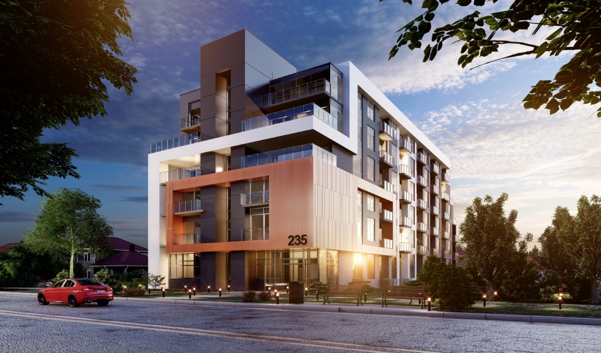 Modern five-story apartment building with balconies, labeled 235 Plains Road Burlington, sits at a corner lot with greenery and a red car parked on the street under a cloudy sky.