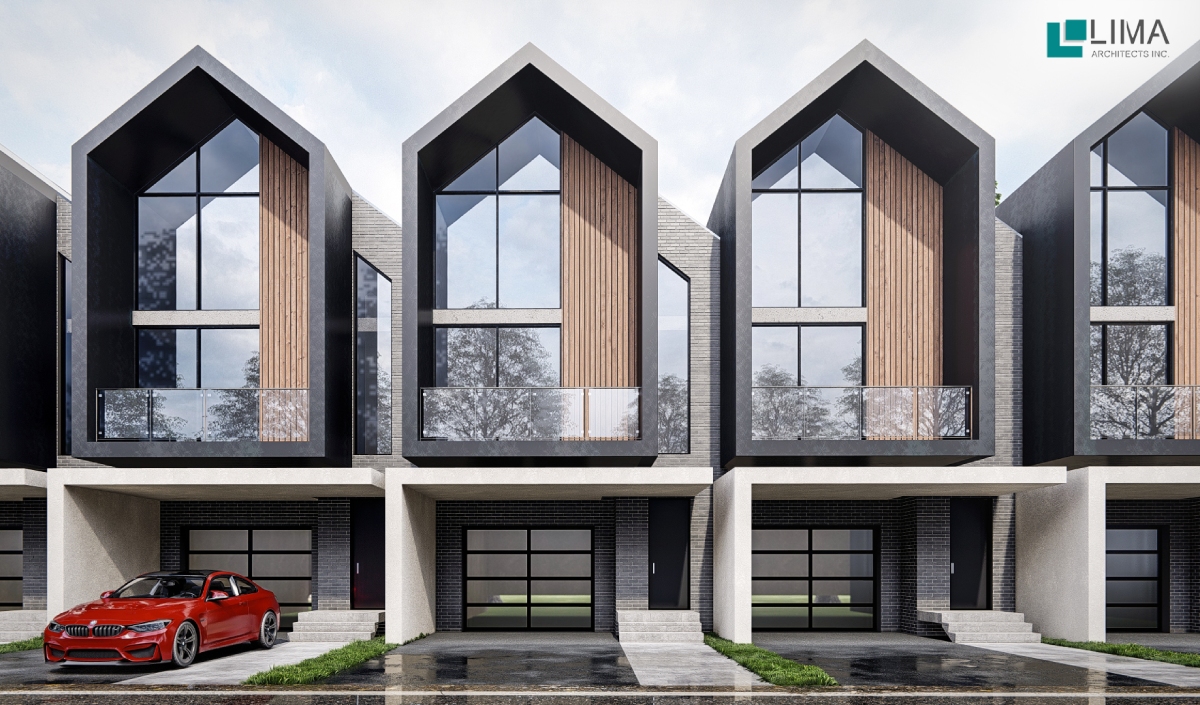 Modern row of three-story houses with large glass windows and balconies, featuring a red car parked in front on a wet street.