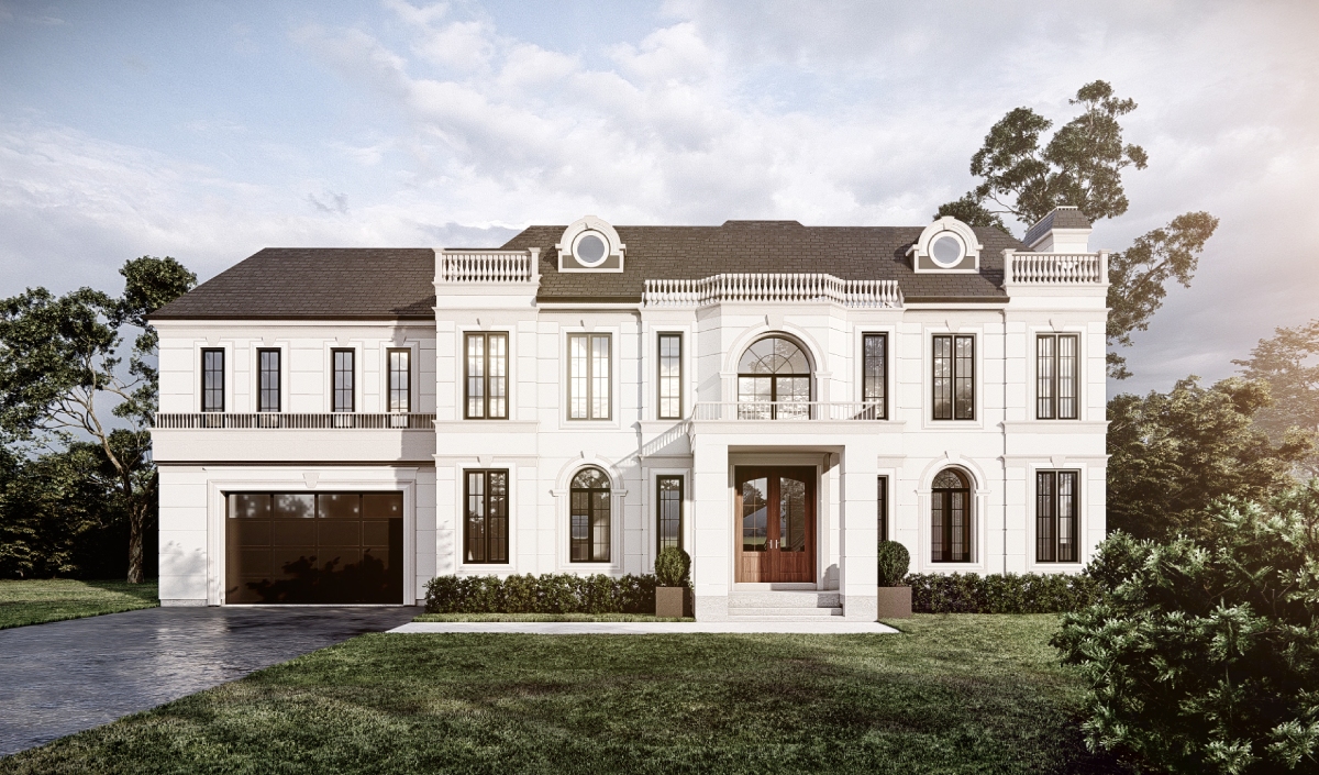 A large two-story white mansion at 3448 Mississauga Road features symmetrical windows, a double-door entrance, a balcony, attached garage, and a neatly landscaped front lawn.