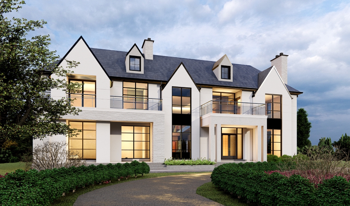 A modern two-story house with large windows, white exterior, dark roof, two chimneys, and a landscaped front yard with a curved driveway.