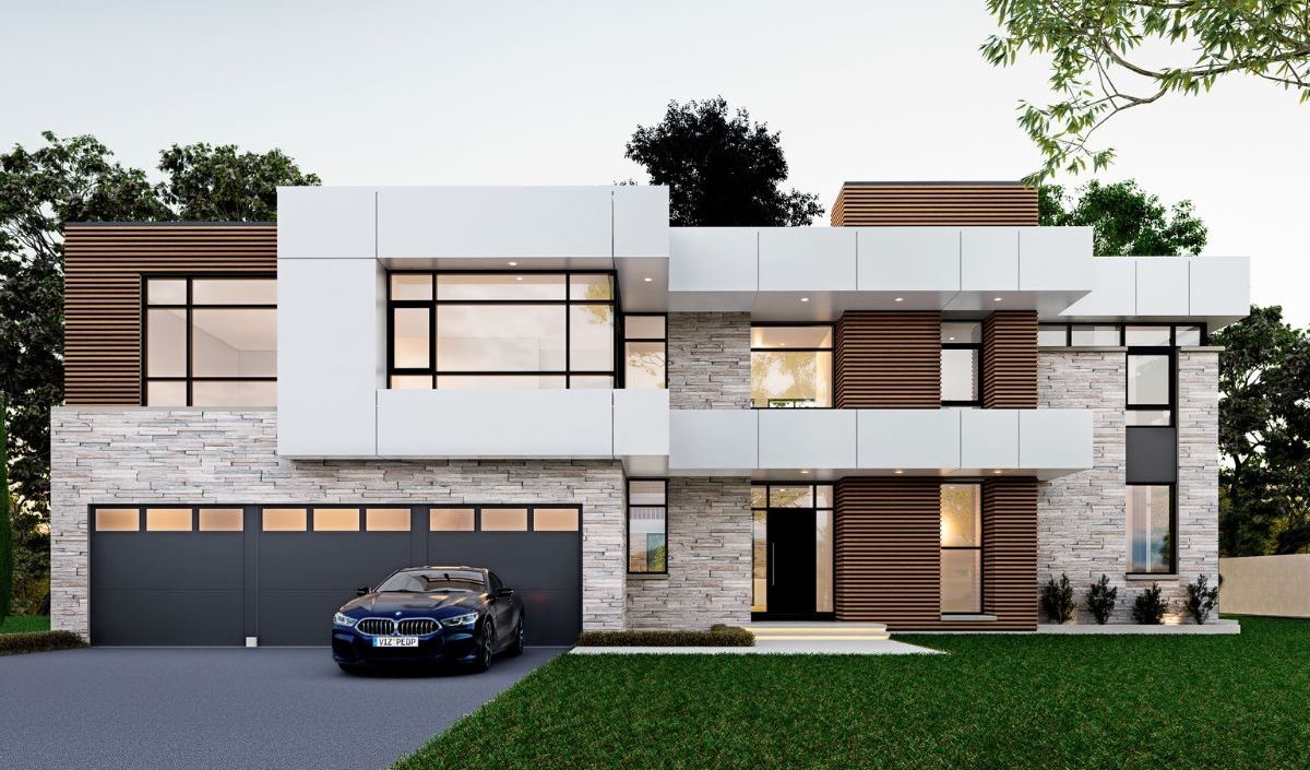 Modern two-story house with large windows, stone and wood panel exterior, three-car garage, and a black car parked in the driveway, surrounded by grass and trees.