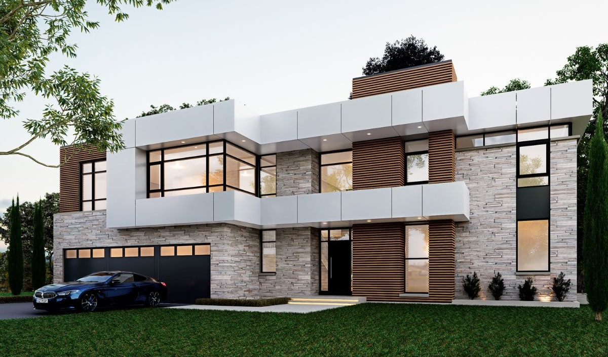 Modern two-story house with large windows, stone and wood accents, a flat roof, and a black car parked in the driveway. Lush green lawn and trees surround the home.
