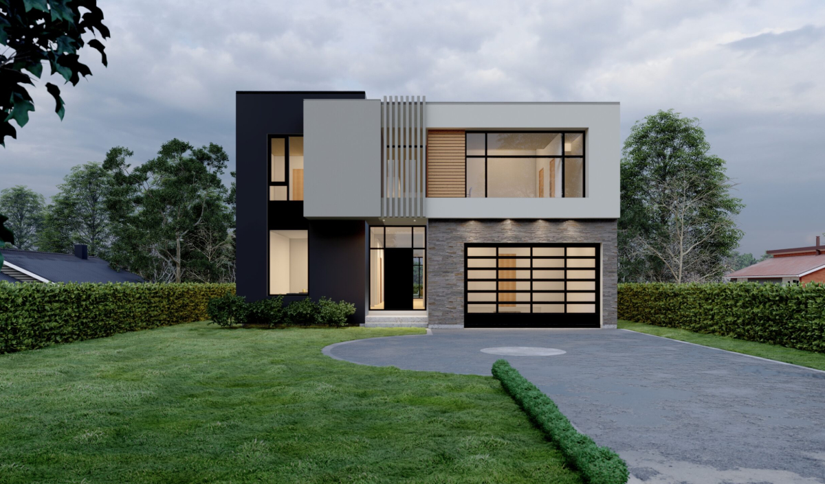 A modern two-story house with large windows, a black and white exterior, stone accents, and a glass garage door, surrounded by greenery and a curved driveway.