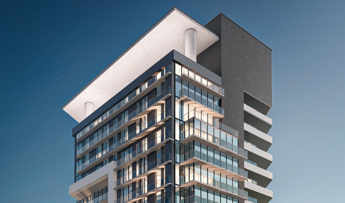 Modern high-rise building at 1039 Danforth Road with glass balconies, geometric architectural features, and a large overhanging roof against a clear sky.