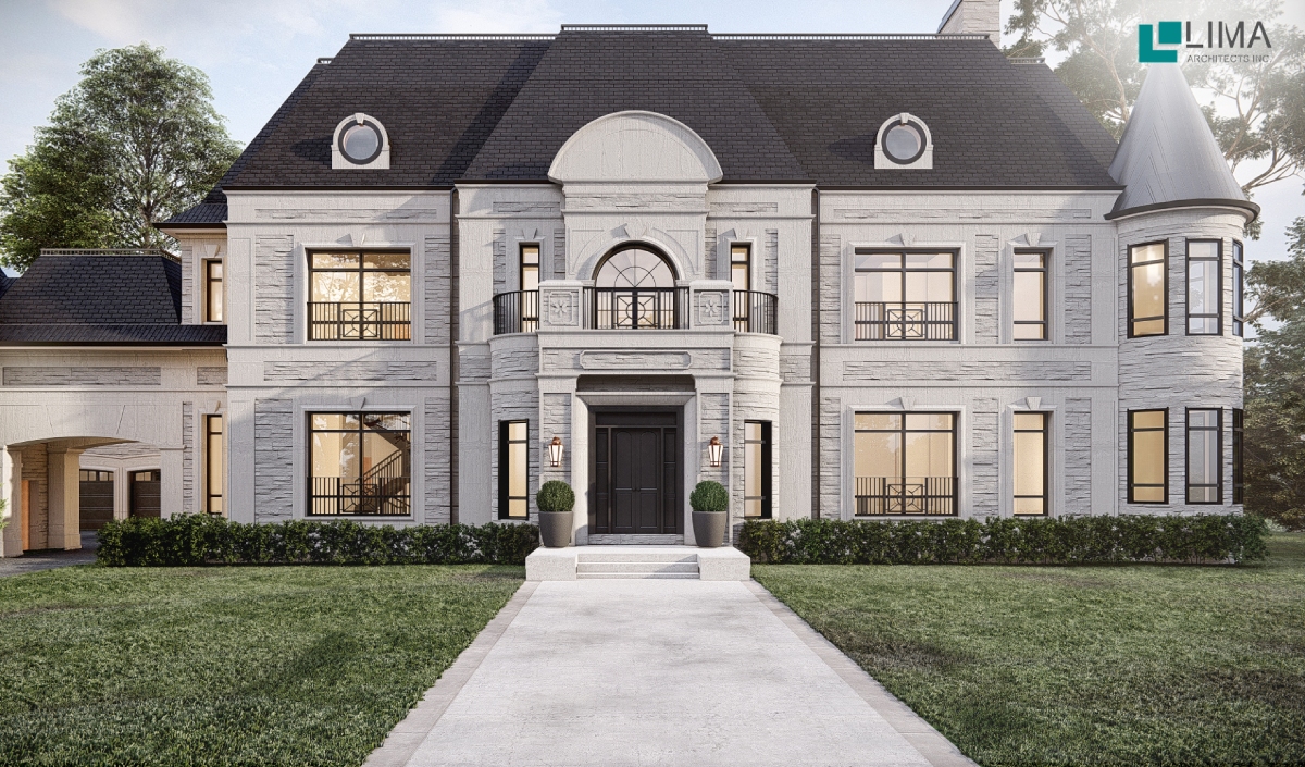 A Grand Manor - Custom Home, this large two-story house features tall windows, an arched entryway, black roof, manicured hedges, and a concrete walkway leading to the front door.