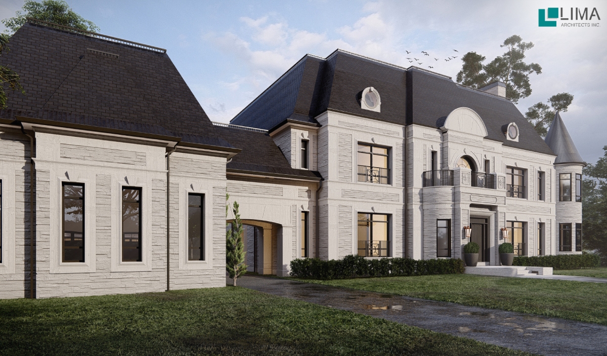 A large, two-story white stone Grand Manor - Custom Home with black roof, arched windows, a small balcony, and a manicured lawn under a partly cloudy sky.