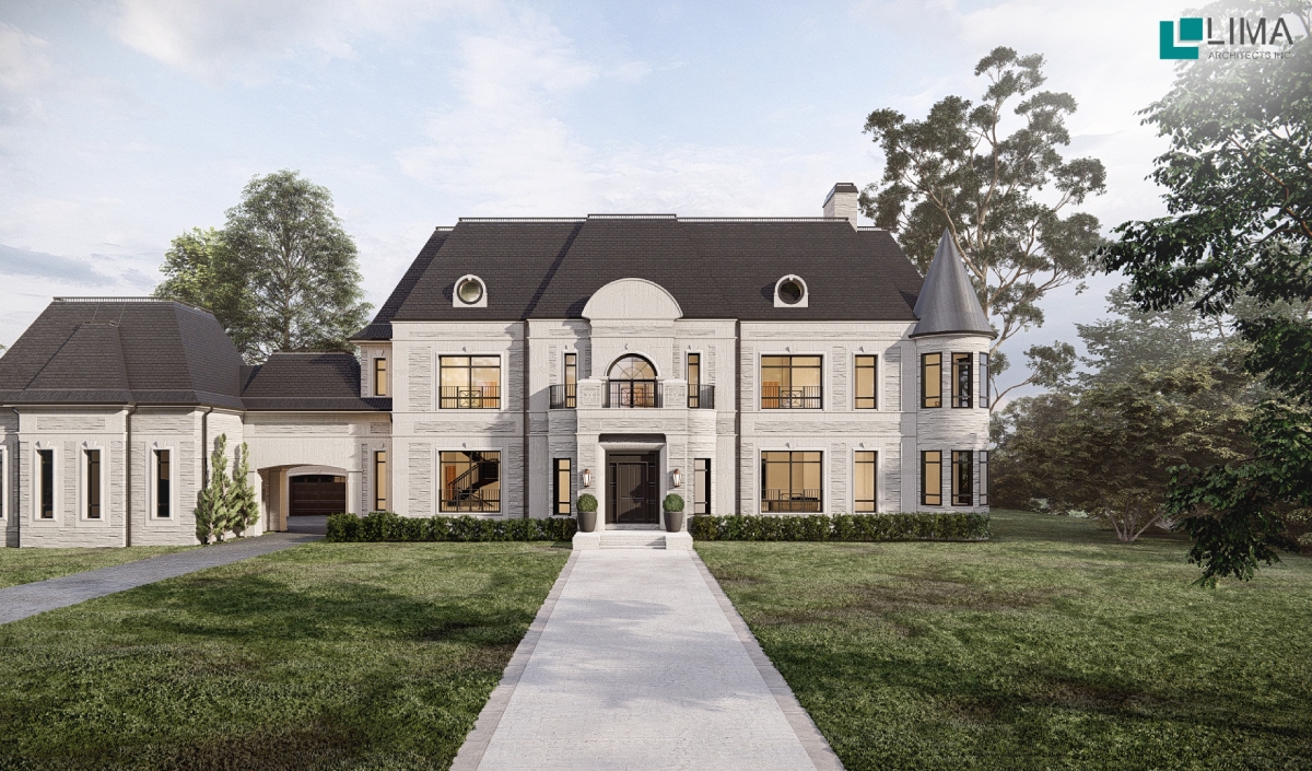 A Grand Manor - Custom Home, this large two-story mansion features a turret, arched windows, attached garage, and manicured lawn under a partly cloudy sky.