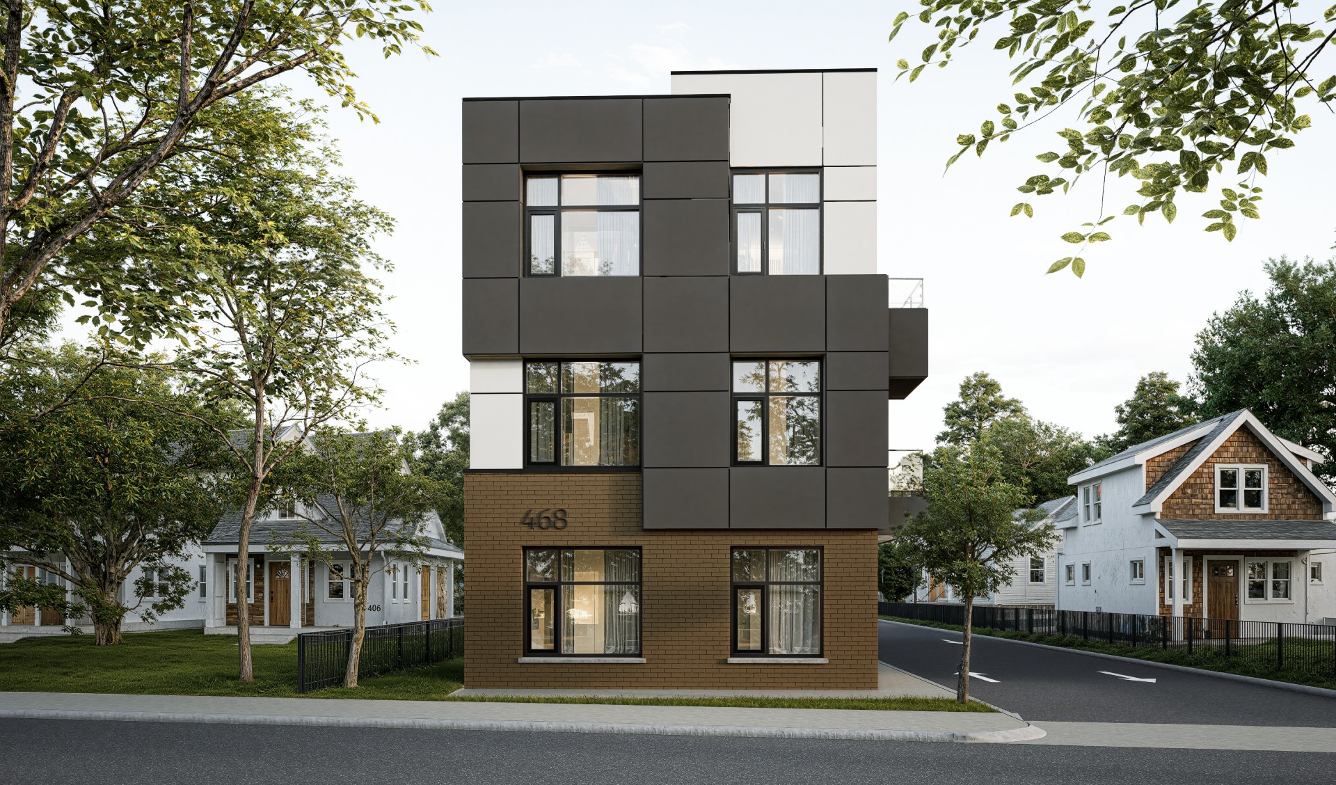 A three-story modern apartment building with dark paneling and brick facade, located on a street corner, surrounded by trees and traditional houses.