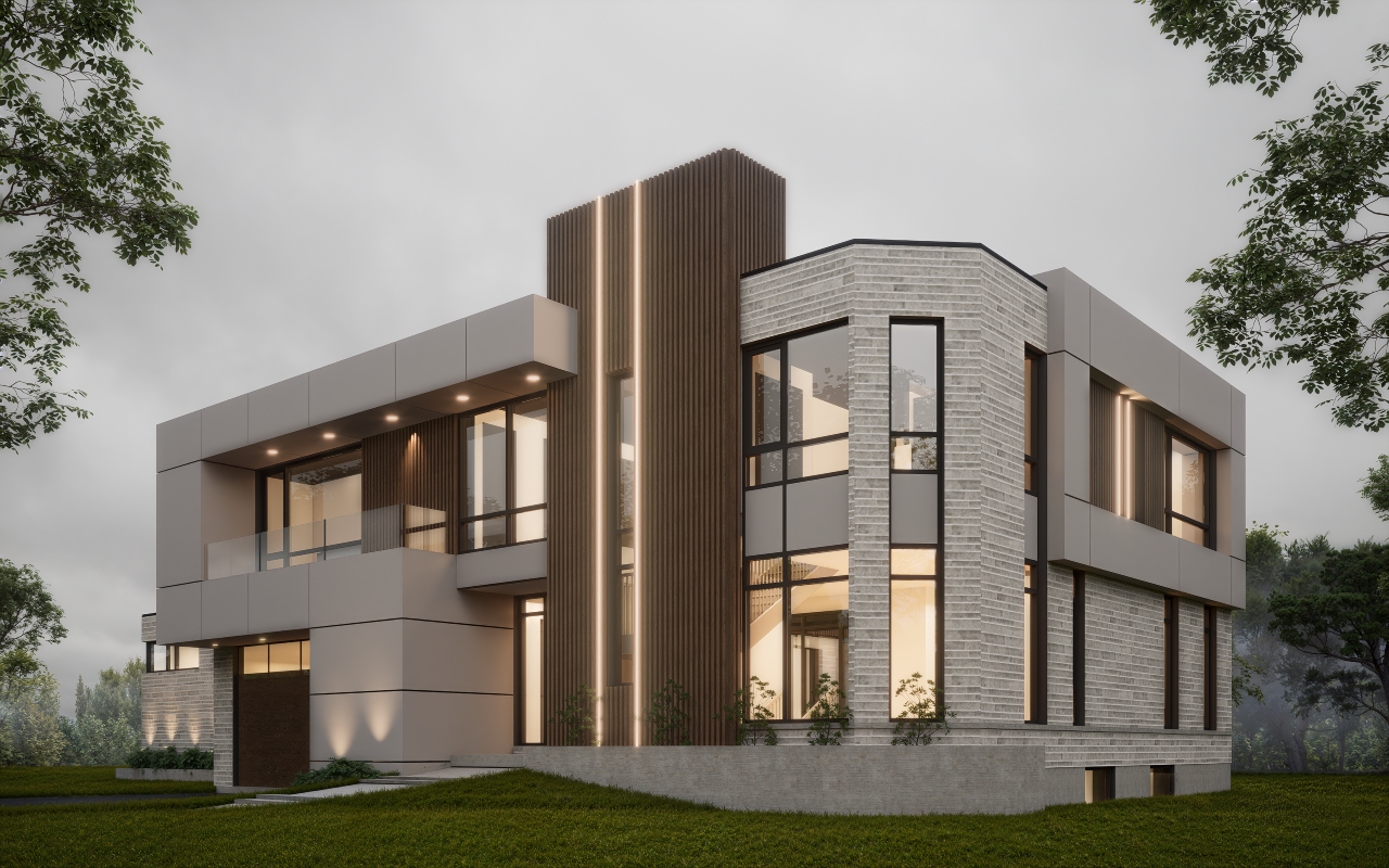 A modern two-story house with large windows, light-colored brick and panel exterior, and vertical wood accents, surrounded by grass and trees under an overcast sky.