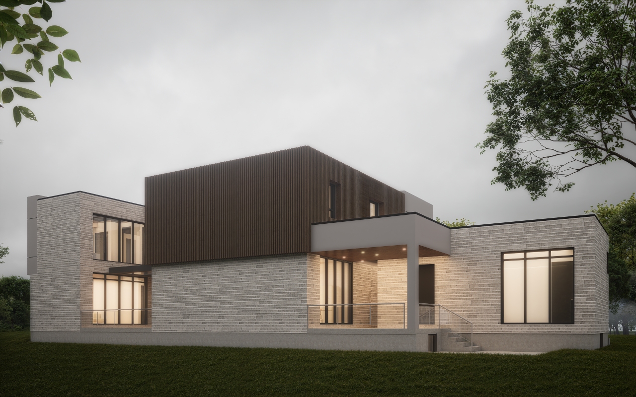 Modern two-story house with a mix of white brick and dark wood exterior, large windows, covered entryway, and surrounding greenery under a cloudy sky.