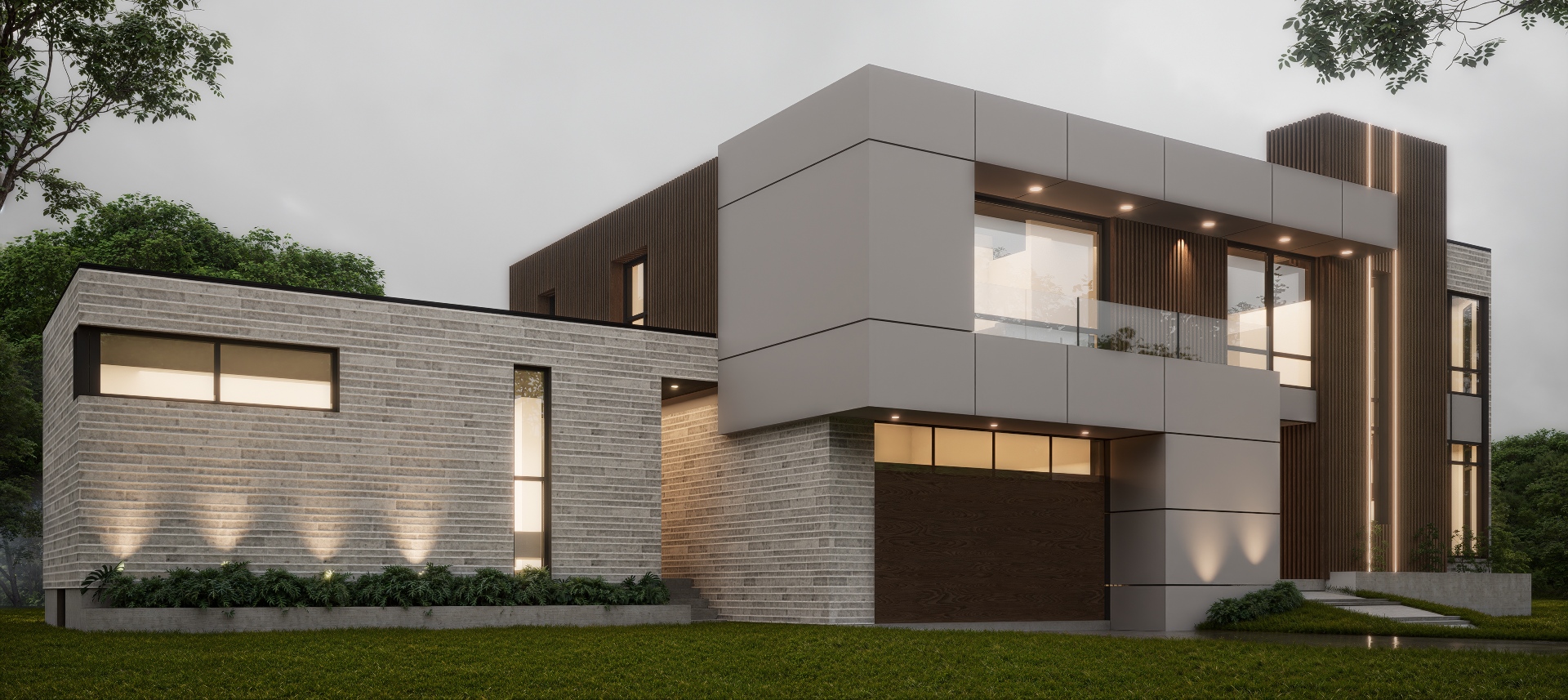 Modern two-story house with a mix of wood, glass, and concrete panels, featuring large windows, a flat roof, and landscaped front lawn.