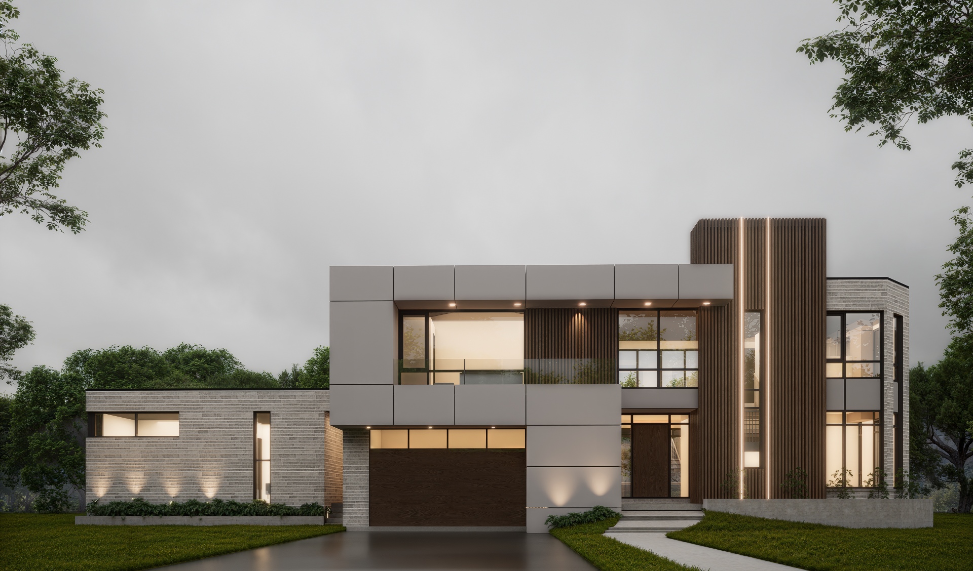 Modern two-story house with flat roof, large windows, and a mix of light-colored and wood panel exterior, surrounded by lawn and trees under an overcast sky.