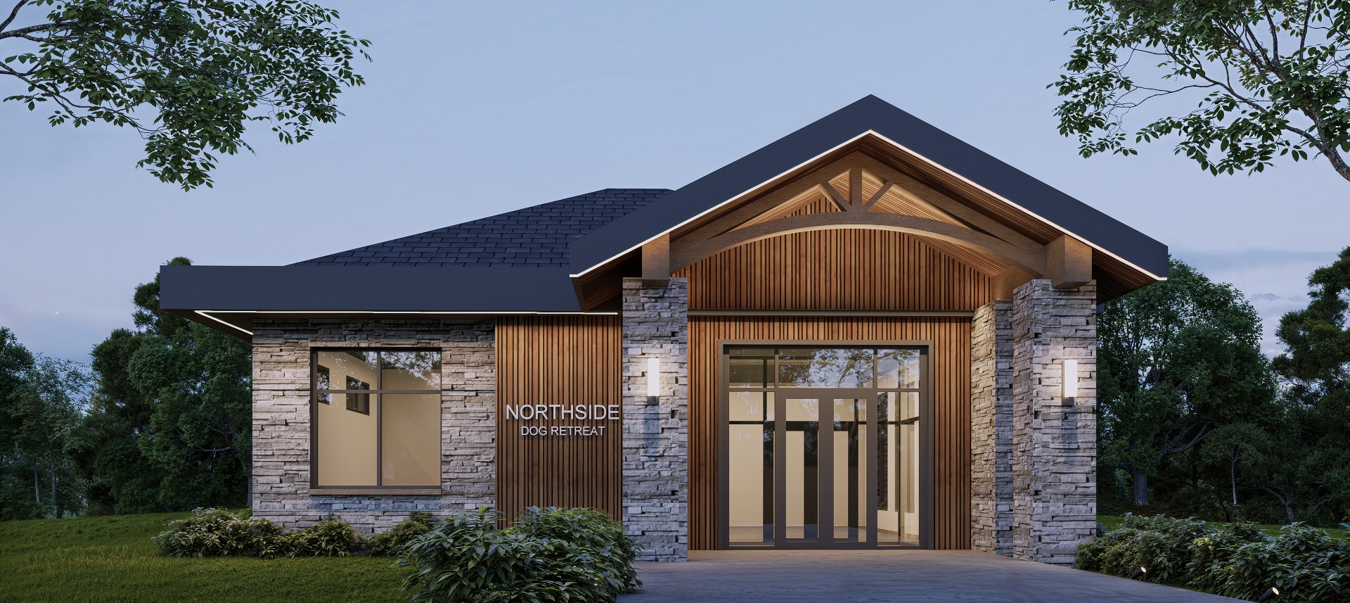 Modern building with stone and wood exterior, large windows, and a sign reading "Northside Dog Retreat" above the entrance; surrounded by trees and greenery.
