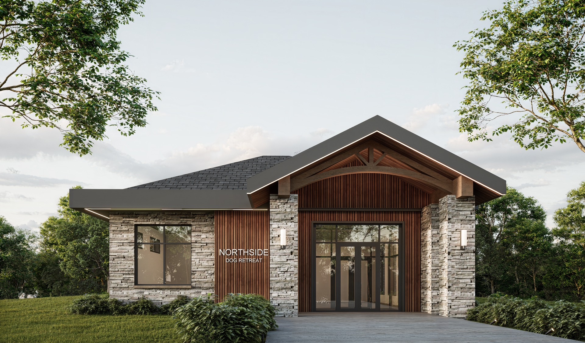 Modern single-story building with stone and wood exterior, large front windows, double glass doors, and a sign reading "Northside Dog Retreat" near the entrance, surrounded by greenery.