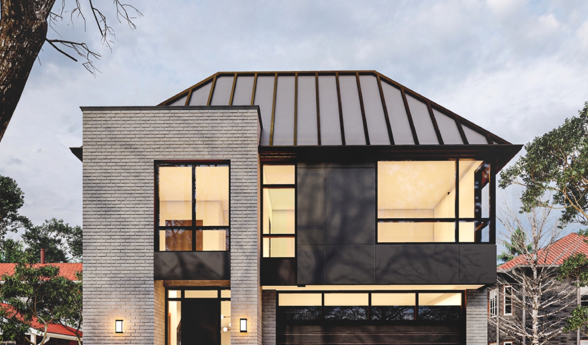 Modern two-story house with large windows, gray brick exterior, and black metal roof in El Dorado Estates, photographed from the front at dusk.
