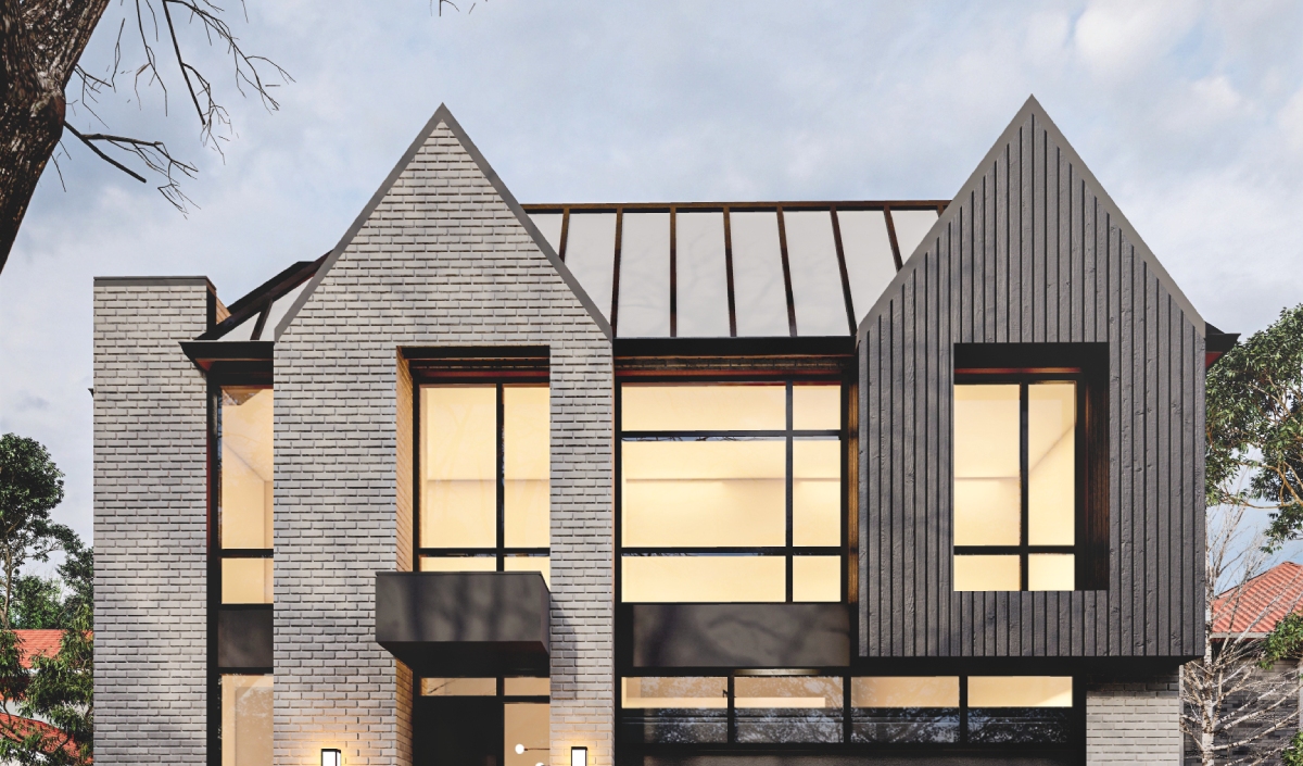 Modern two-story house in El Dorado Estates with large windows, light gray brick exterior, dark metal roof, and black trim, photographed at dusk.