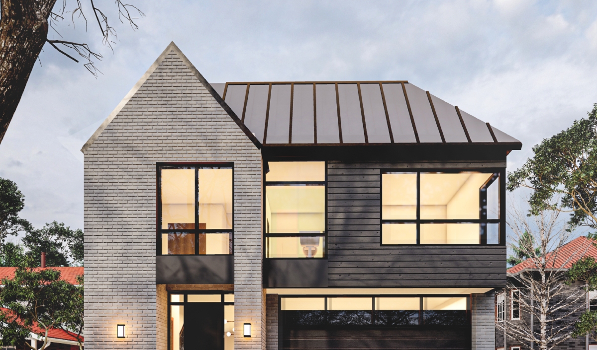 Modern two-story house in El Dorado Estates with a mix of gray brick and dark horizontal siding, large windows, and a sloped metal roof, surrounded by trees.