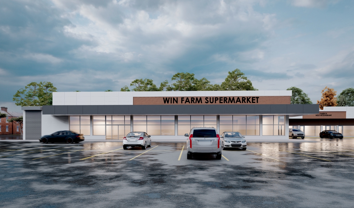 A parking lot with several cars in front of a single-story building labeled "Win Farm Supermarket" under a cloudy sky.