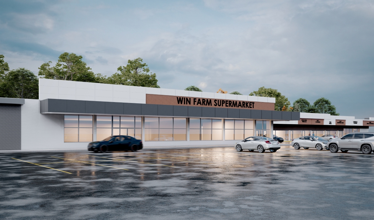 A modern supermarket named "Win Farm Supermarket" with a mostly empty parking lot and several cars on a wet, reflective pavement.