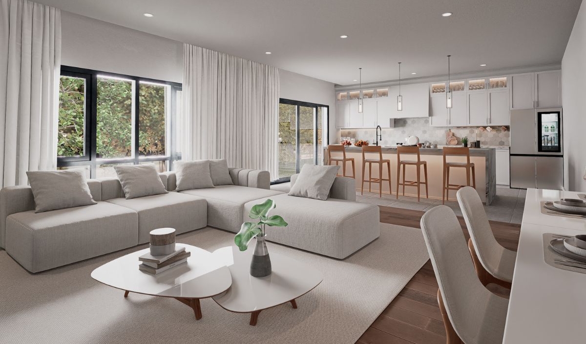 Modern open-concept living room and kitchen with neutral tones, a sectional sofa, bar stools, dining area, large windows, and recessed lighting.