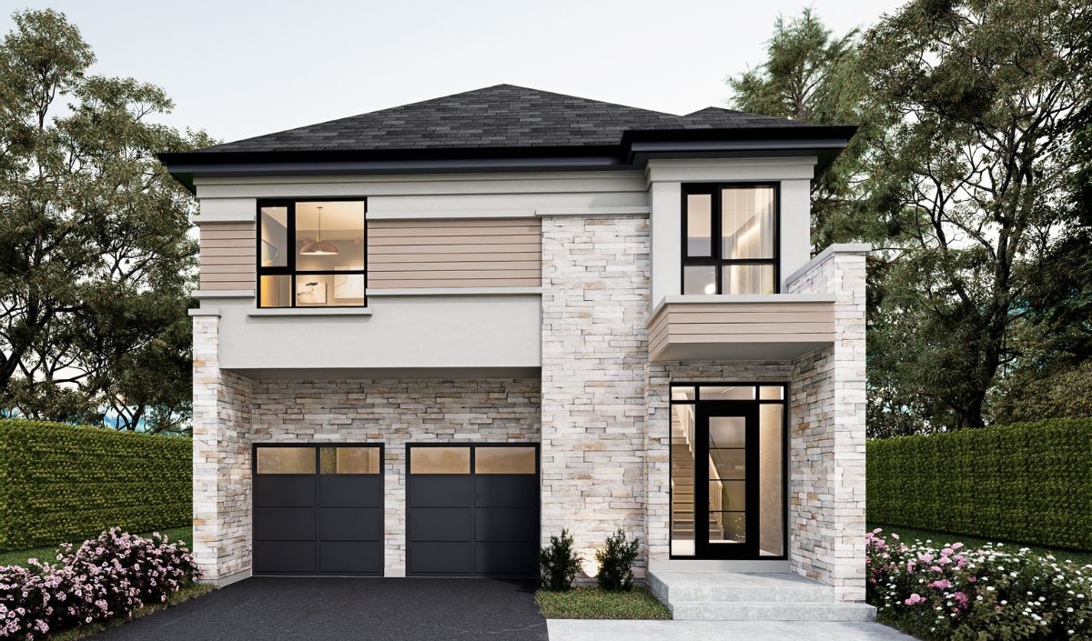 Modern two-story house with stone and stucco exterior, black-framed windows, double garage, and small front garden with flowers and shrubs.