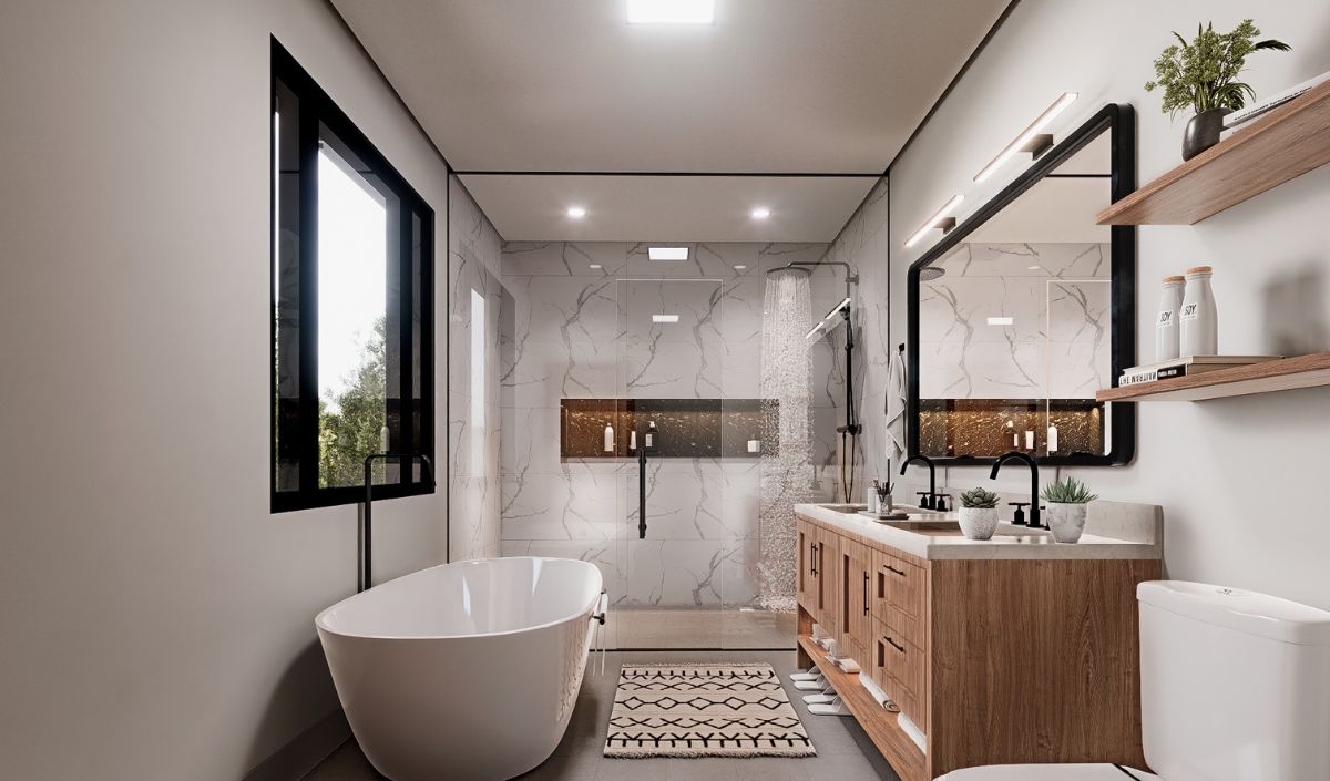 Modern bathroom with freestanding tub, glass-enclosed shower, double vanity with mirrors, wooden shelves, large windows, and a patterned rug on the floor.