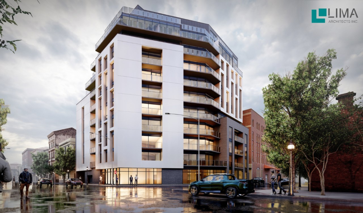 A modern mid-rise apartment building with large balconies stands on a wet city street; the LIMA Architect Inc. logo appears in the top right corner, showcasing the elegant design of West Harbour Condo.