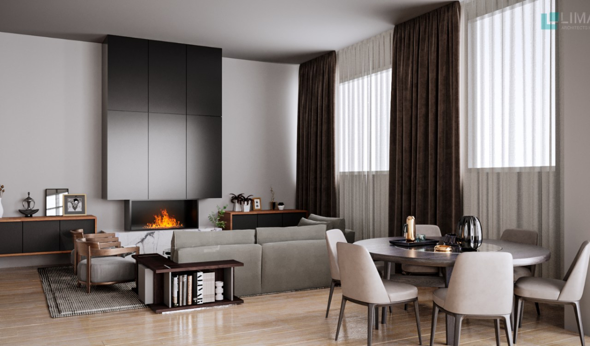 Modern living and dining area with beige chairs, round dining table, grey sofa, fireplace, large brown curtains, and wooden flooring.