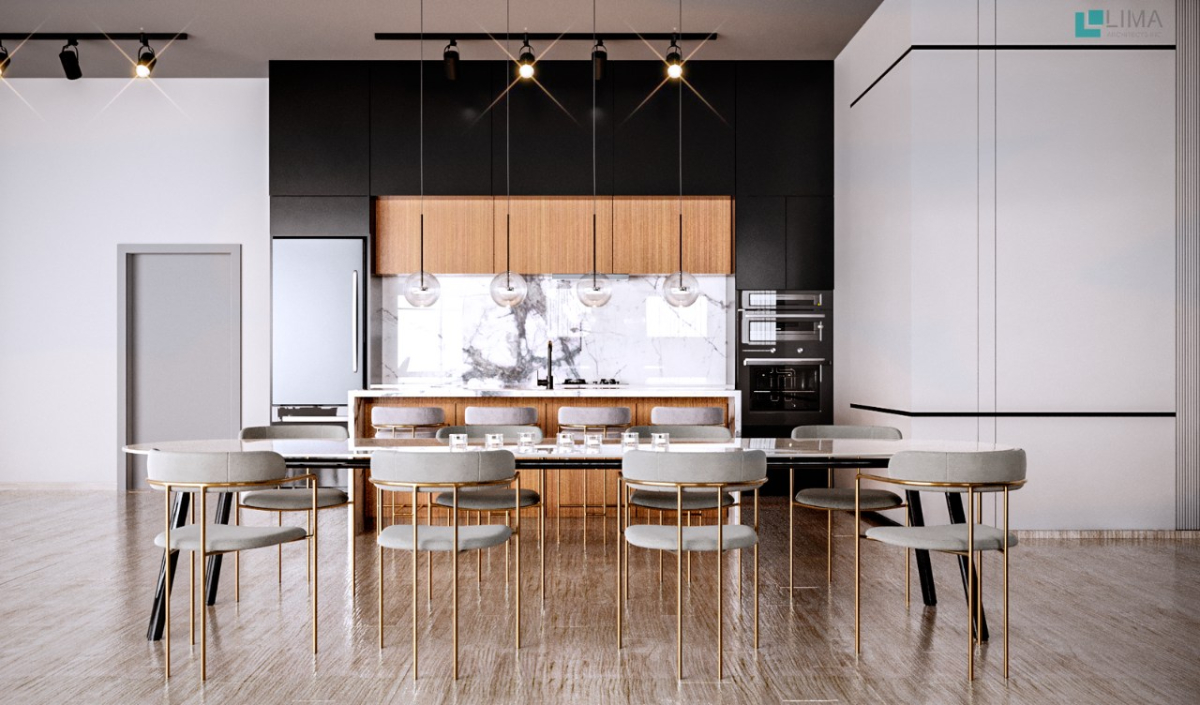 Modern kitchen and dining area with a marble backsplash, wooden cabinets, pendant lights, and a dining table with six chairs on a wood floor.