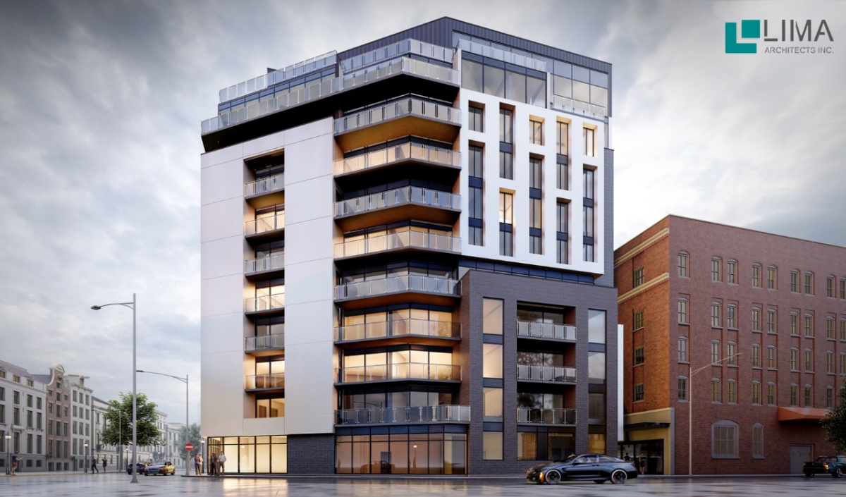 Modern mid-rise apartment building with large glass balconies, angular design elements, and a mix of white, black, and wood exterior finishes. Logo "Lima Architects Inc." in the top right corner.