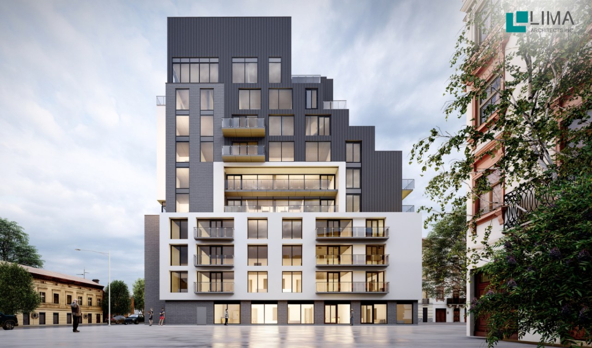 Modern multi-story apartment building with geometric design, large windows, and balconies, situated in an urban setting with trees and adjacent older buildings.