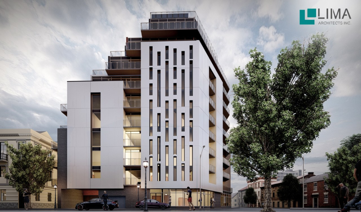 Modern multi-story apartment building with balconies and a geometric facade, viewed from street level, with trees and surrounding low-rise buildings. LIMA Architects Inc. logo in top right corner.