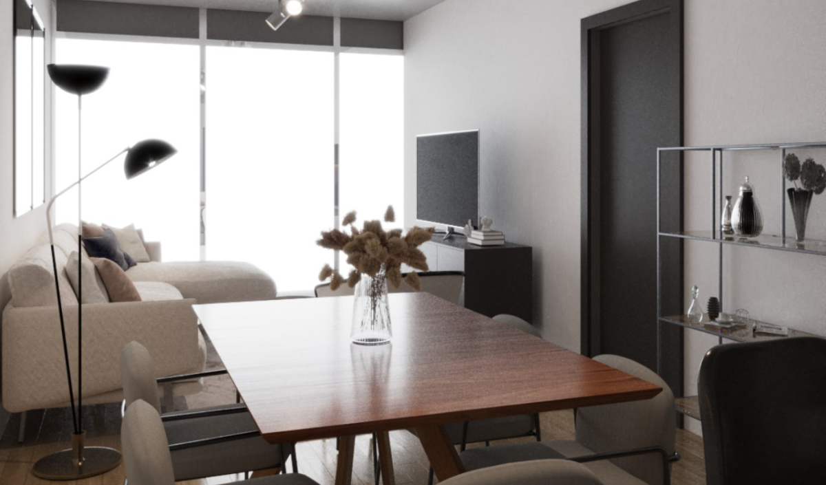 Modern living and dining area with a wooden table, six chairs, a beige sofa, TV, shelving unit, and large windows providing natural light.