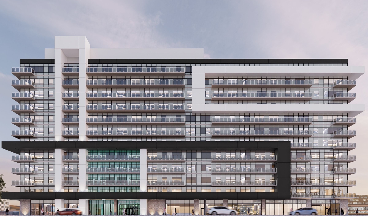A modern multi-story apartment building with extensive glass balconies, geometric lines, and cars passing in front.