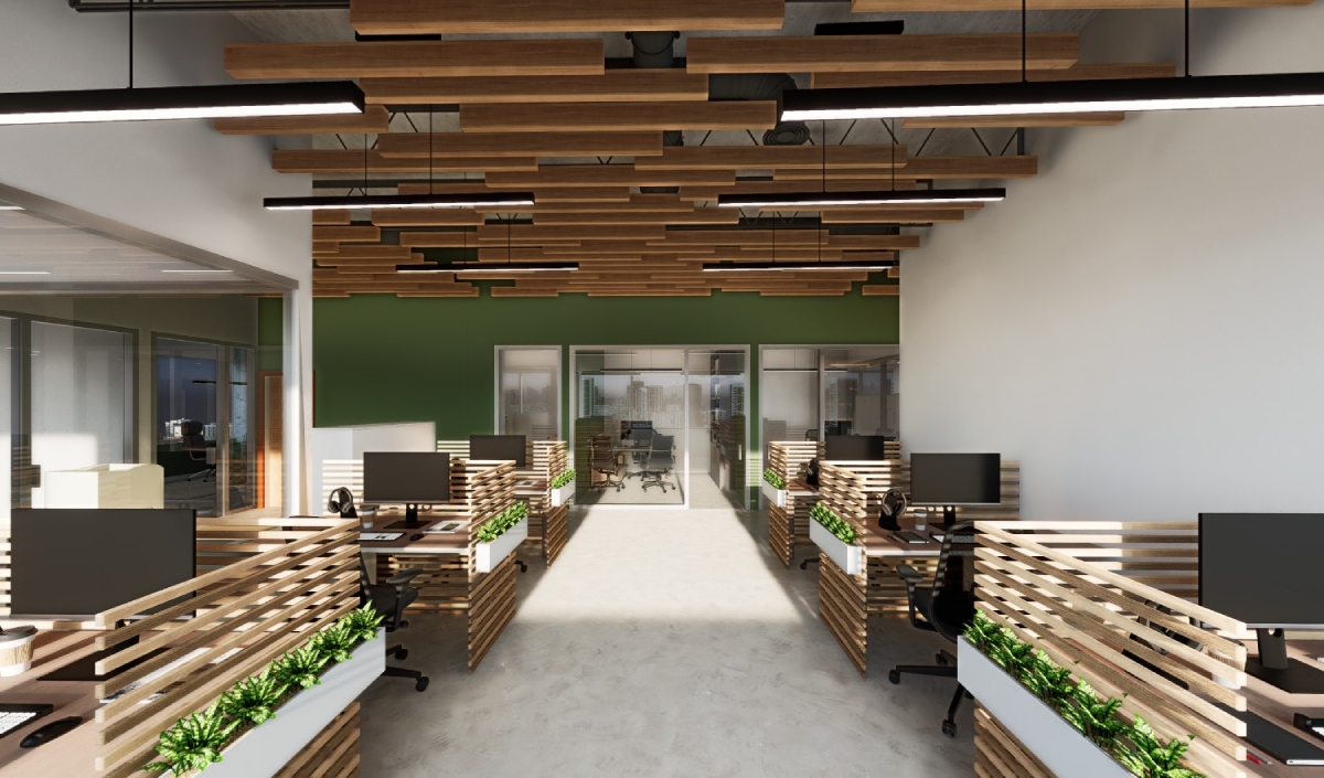 Modern open-plan office with wooden desk dividers, computer workstations, potted plants, and a glass-walled conference room at the far end. Ceiling features wooden slats and hanging lights.