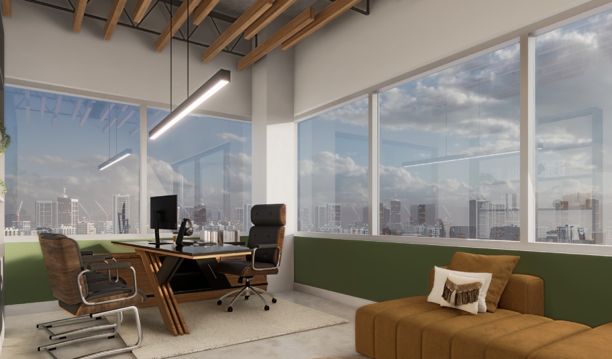Modern office space with large windows, a wooden desk, ergonomic chairs, a computer, and a brown sofa, overlooking a city skyline under a partly cloudy sky.